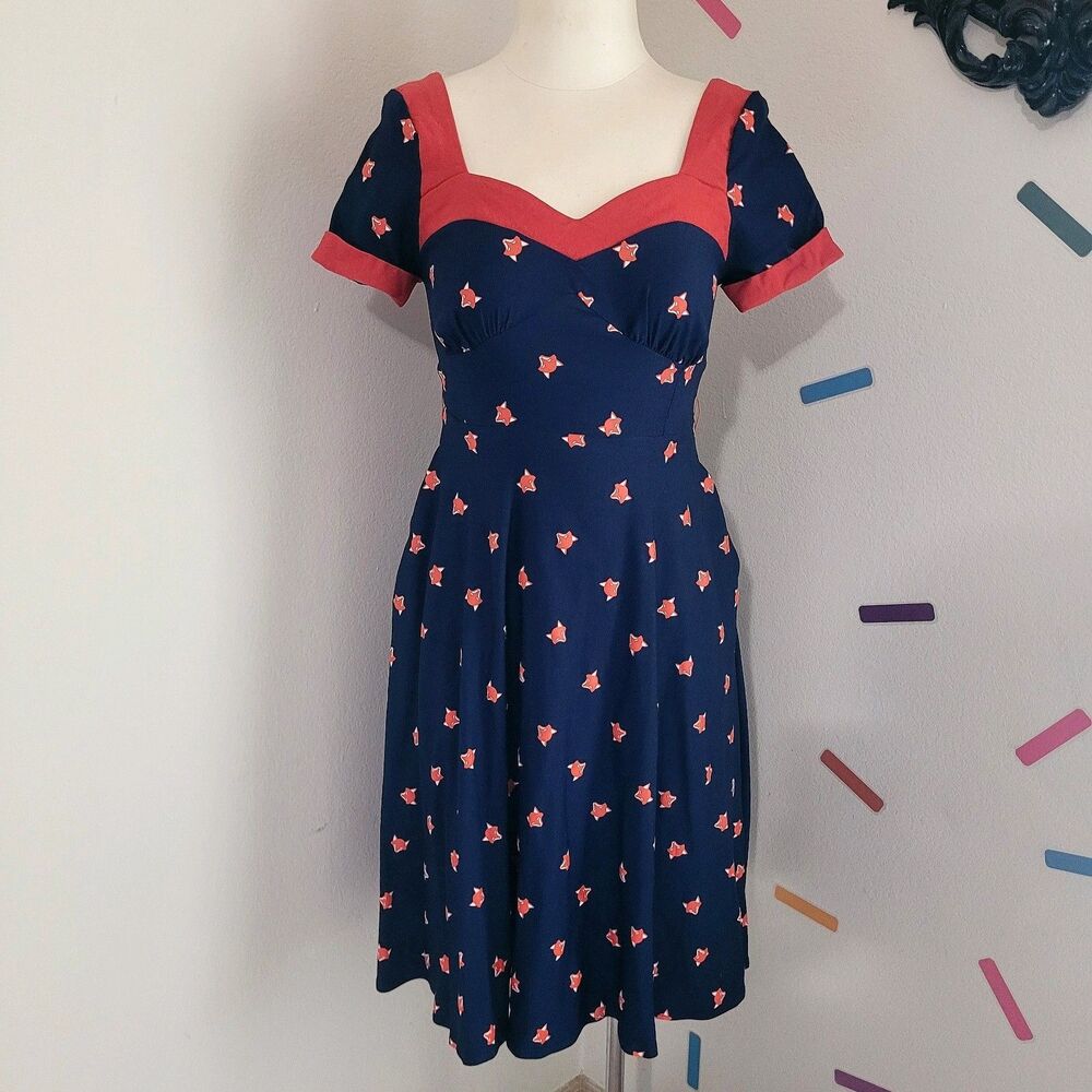 Unique Vintage Fox Print Dress XS Woodland Animal Fit Flare Retro Fall Cute